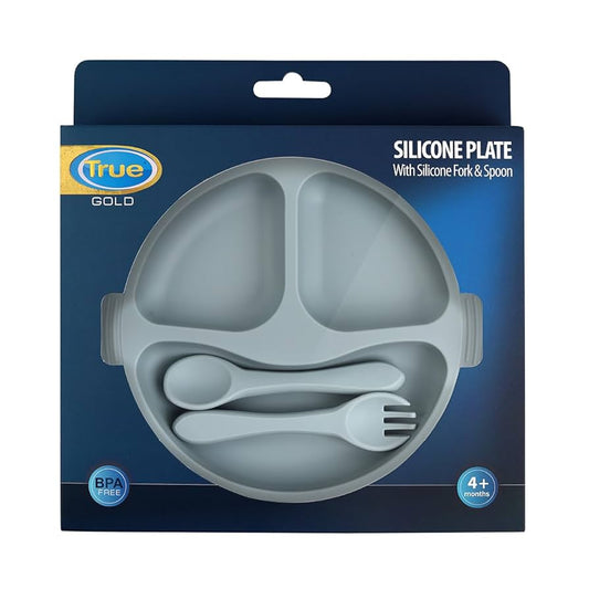طقم تغذية سيليكون من ترو جولد يتضمن طبق وشوكة وملعقة