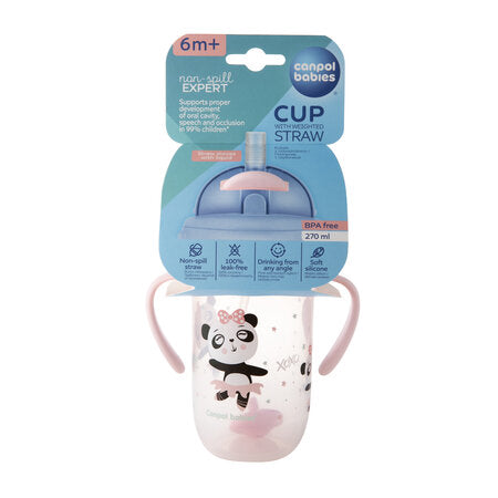 Canpol babies non-spill cup with weighted straw 270ml EXOTIC ANIMALS PINK