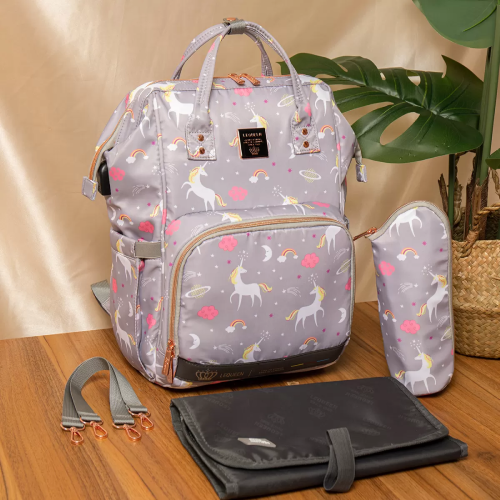 LEQUEEN Diaper Bag Grey With Unicorn جيل سابع