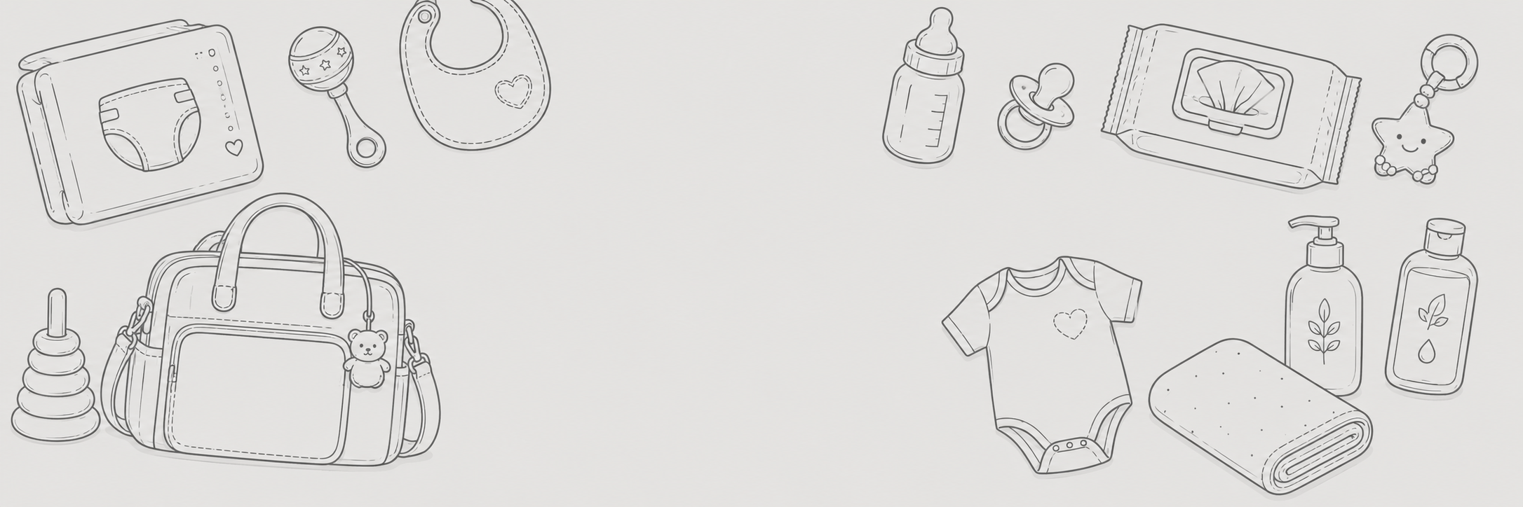 Baby essentials background illustration with diaper bag, bottle, bib, wipes and newborn care items
