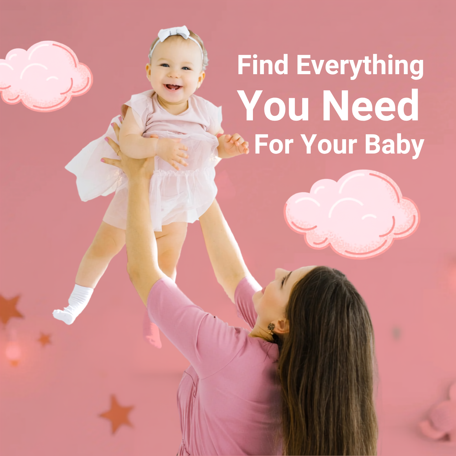 Mother holding baby with Mommy’s Mart baby essentials message
