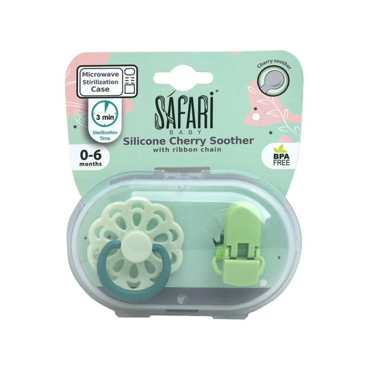 Safari Baby silicone cherry soother with ribbon chain for newborns and infants | Mammy's Mart